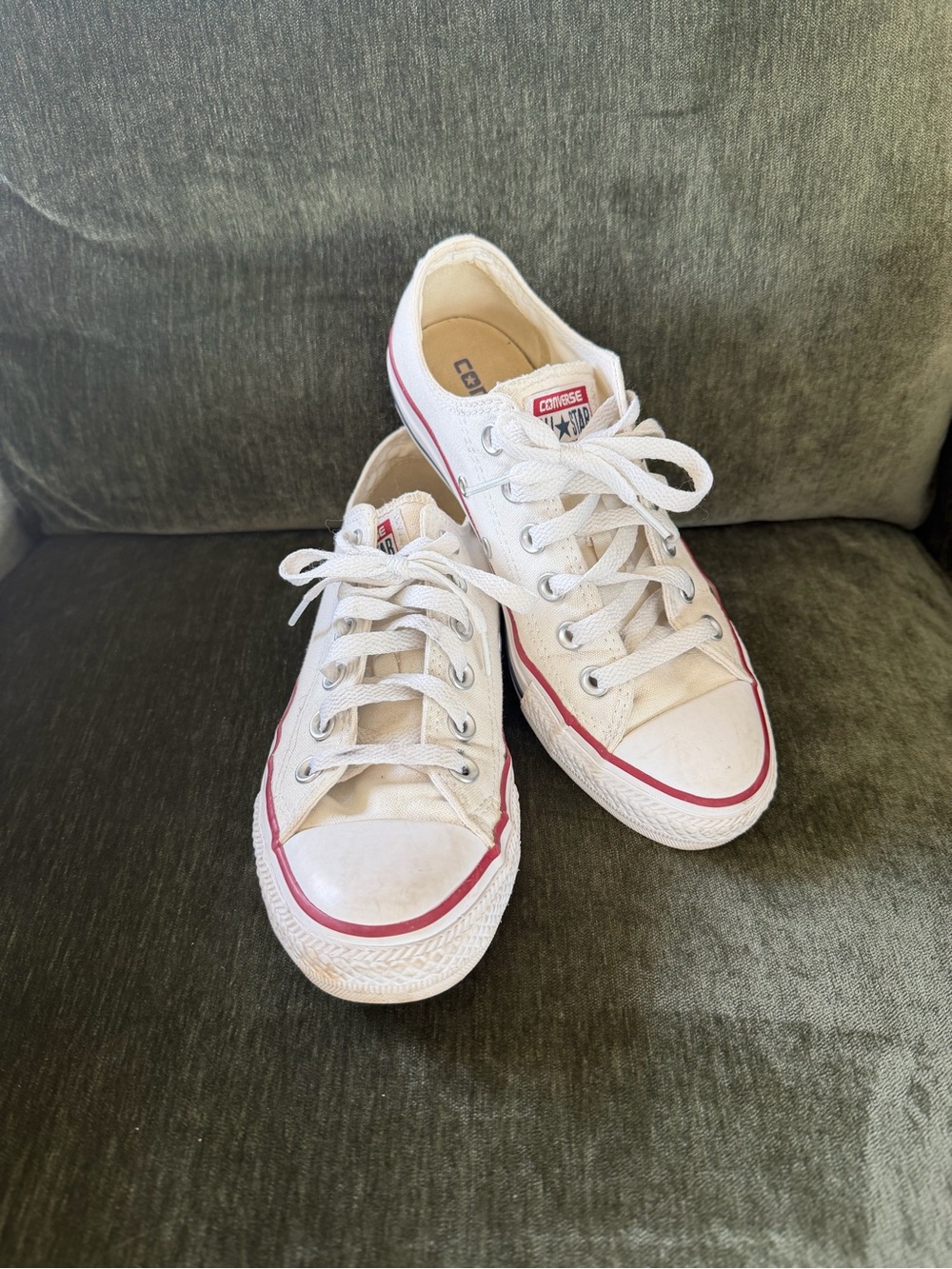 Converse White Low Top Canvas Sneakers with Red Accent
